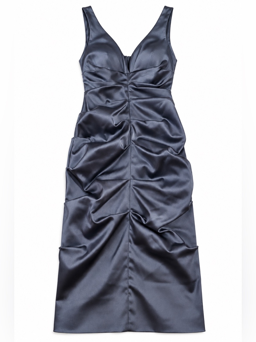 Xscape by Joanna Chen Size 6 Blue Gray Satin Ruched Midi Dress Made in USA